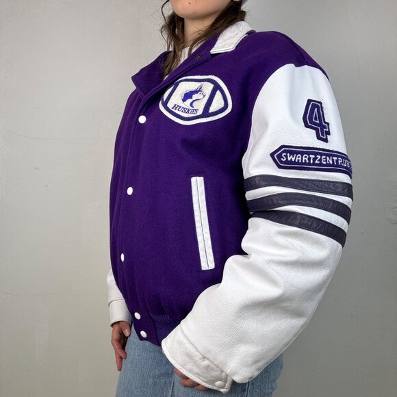 L - Purple + White Huskies HPSS Varsity Jacket - Picture 3 of 8